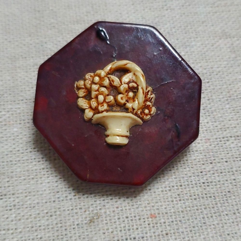 Vintage Repousse Wooden Flower Basket Brooch